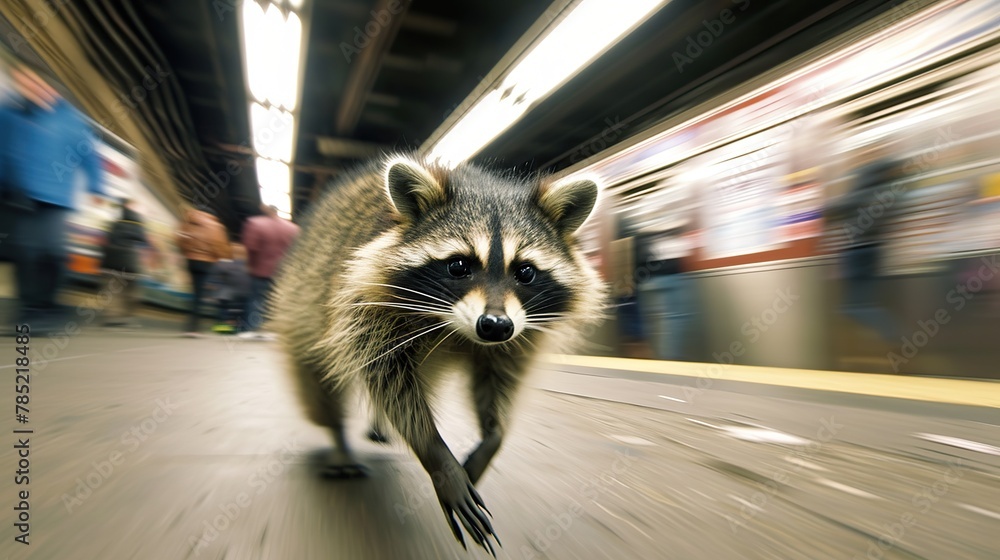Raccoon navigating a bustling subway station, blending into the chaos