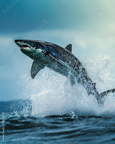 Jaguar shark leaping gracefully out of the water  its powerful form and agility on display. The image conveys the raw energy and prowess of this magnificent sea creature.