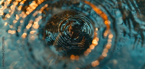 Person s reflection in a shiny penny  distorted through water ripples.