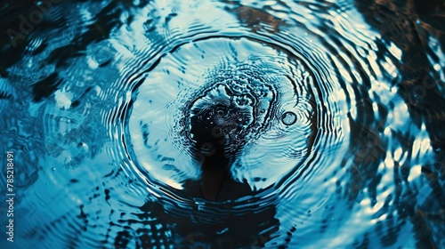 Person's reflection in a shiny penny, distorted through water ripples. photo