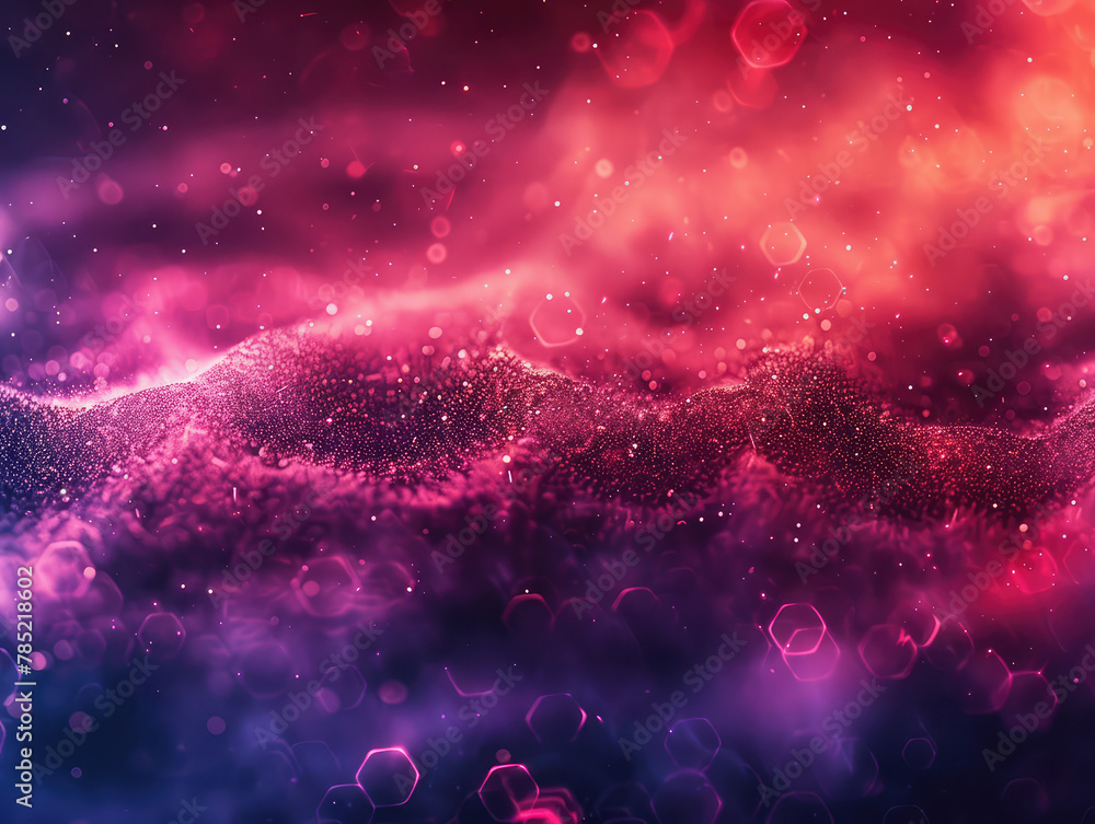  Abstract background with hexagons and glowing clouds, purple red orange colors, space theme, science fiction style. Created with Ai - obrazy, fototapety, plakaty 