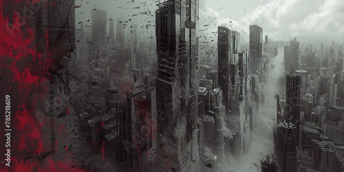 A dystopian cityscape unfolds with skyscrapers that resemble gnarled, skeletal structures reaching for the heavens. The oppressive atmosphere is intensified by a monochrome palette