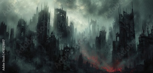 A dystopian cityscape unfolds with skyscrapers that resemble gnarled, skeletal structures reaching for the heavens. The oppressive atmosphere is intensified by a monochrome palette photo