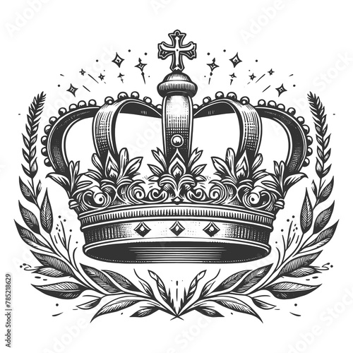 regal royal crown, intricately adorned with patterns and a cross, symbolizing royalty and heritage sketch engraving generative ai raster illustration. Scratch board imitation. Black and white image.