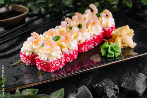 Gourmet sushi platter with shrimp and caviar