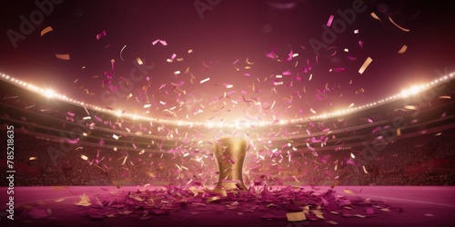Magenta background, football stadium lights with gold confetti decoration, copy space for advertising banner or poster design