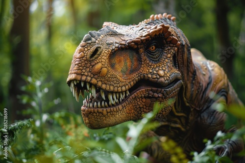 Tyrannosaurus rex in the forest, a closeup of its head with sharp teeth and mouth open ready to attack, surrounded by green vegetation in daylight. Dinosaur Day.