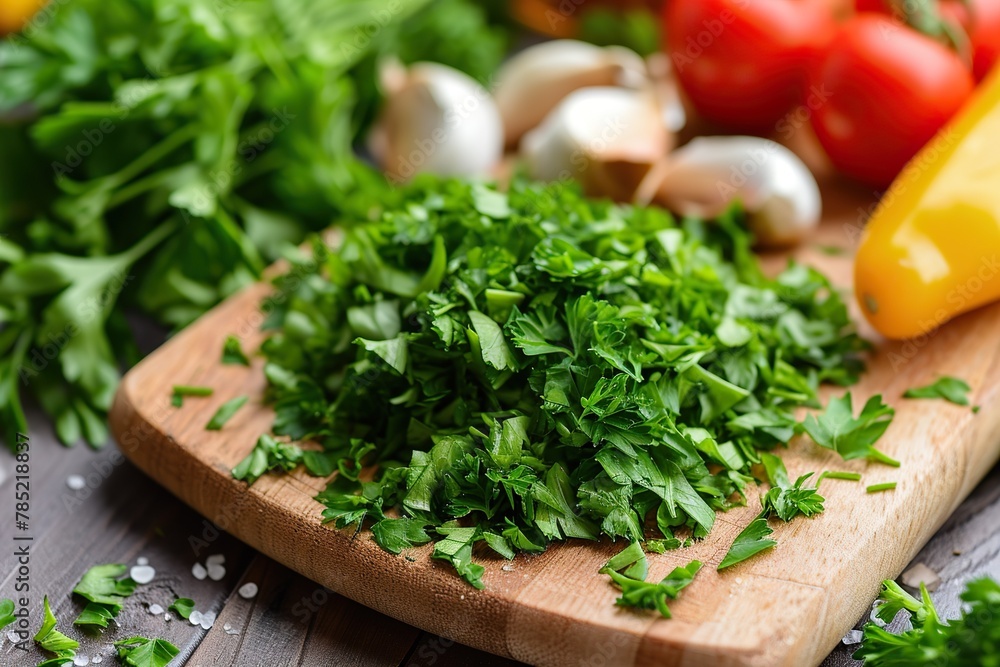 A finely chopped pile of fresh parsley on a wooden cutting board, surrounded by vibrant ingredients. The vibrant green contrasts with the various colors of the other components A finely chopped pile of fresh parsley on a wooden cutting board, surrounded by vibrant ingredients. The vibrant green contrasts with the various colors of the other components
