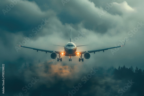 passenger plane takes off from the airfield runway in thick fog