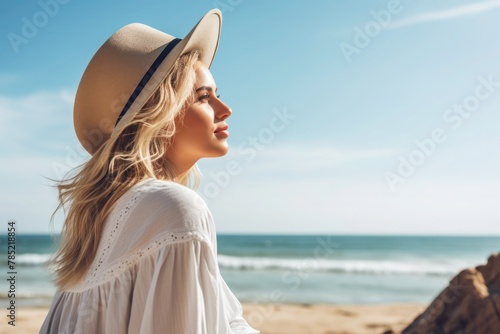 Profile of a beautiful young women looking out to sea on a sandy beach.