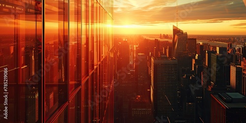 A futuristic city skyline at dusk, with towering skyscrapers showcasing the dominance of human innovation. The warm hues of the setting sun reflect off the sleek glass exteriors