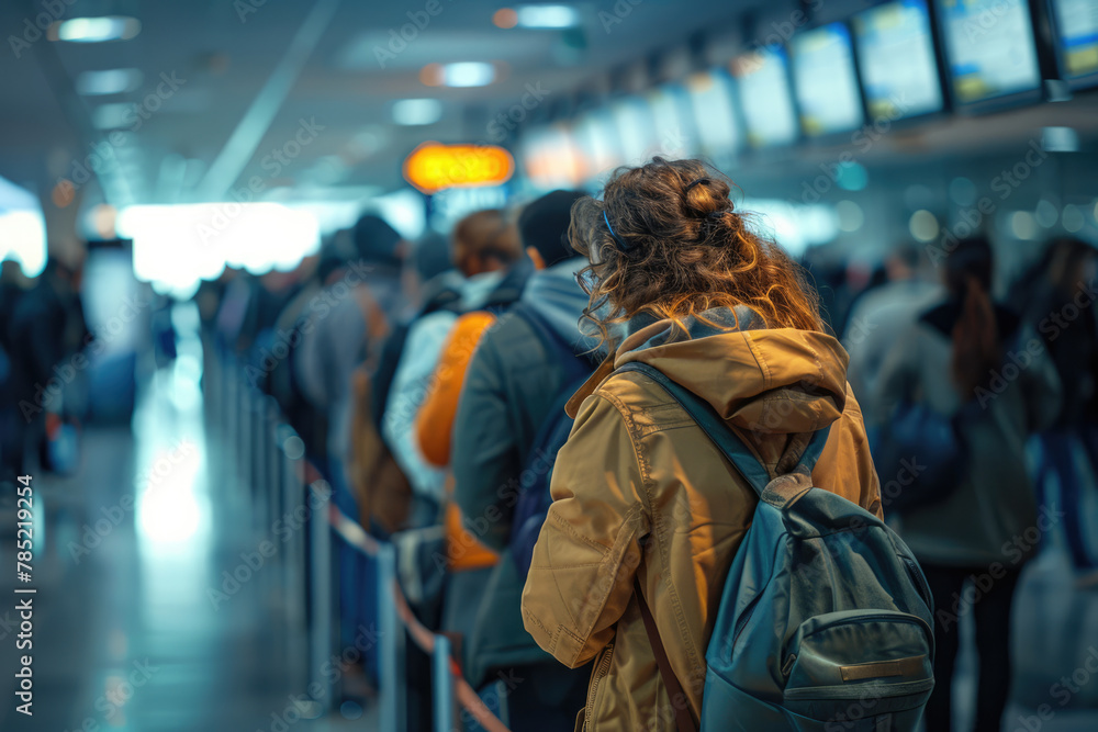 People waiting for flight at the airport in line People waiting for flight at the airport in line