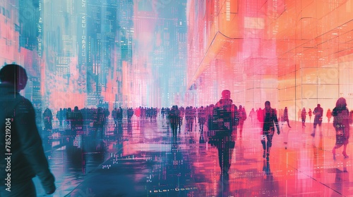 A futuristic cityscape with people turning into streams of digital code, seemingly pushed out of the physical realm. The transition from human to code is depicted in a glitch-art style photo