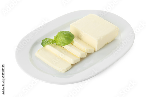 Dish with tasty cut butter isolated on white