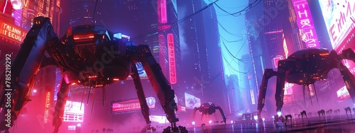 Giant spider robot war machine in futustic cyberpunk neon city