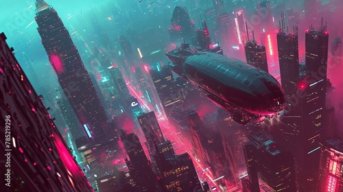 A futuristic depiction of a zeppelin in a cyberpunk cityscape, surrounded by neon lights and towering skyscrapers. The image's sci-fi aesthetic, blending retro airship charm with a modern