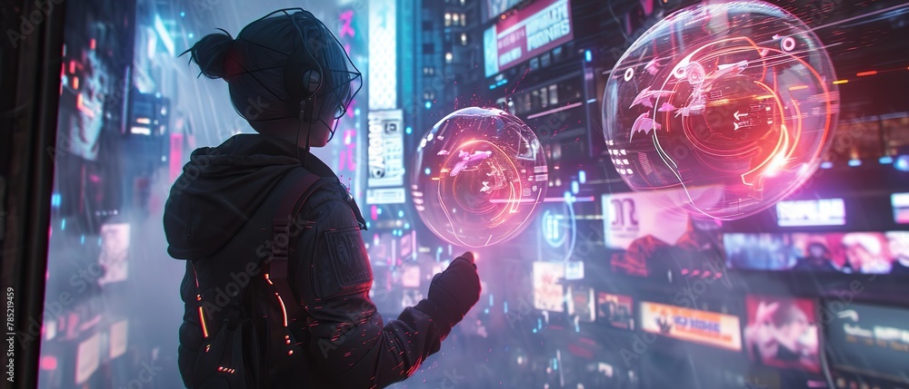 A futuristic interpretation set in a sci-fi landscape, featuring a cyberpunk gnome with neon accents. The gnome wields two holographic orbs containing digital bird-like creatures. - obrazy, fototapety, plakaty 