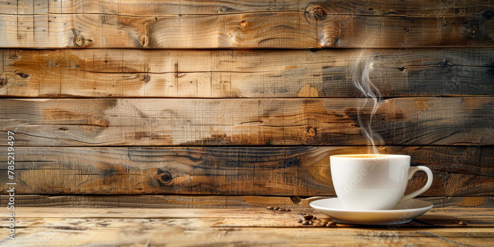 Steaming Coffee Cup on Rustic Wooden Background with Bean Steaming Coffee Cup on Rustic Wooden Background with Bean