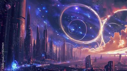 A futuristic interpretation of astrology, featuring a futuristic cityscape against a backdrop of swirling galaxies. Luminescent streaks of light connect the constellations in the sky to high-tech