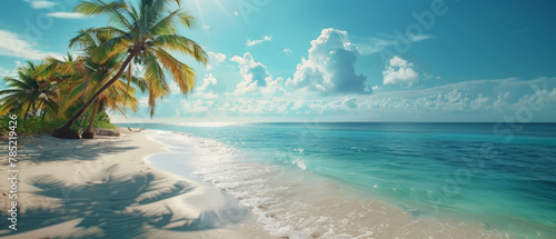Discover the beauty of a tropical island paradise with palm trees, white sand beaches, and crystal clear azure waters.
