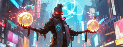 A futuristic interpretation set in a sci-fi landscape, featuring a cyberpunk gnome with neon accents. The gnome wields two holographic orbs containing digital bird-like creatures.