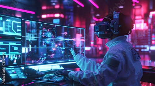 A futuristic scene featuring a scientist immersed in a virtual reality environment, conducting experiments without the need for live animals. The image draws inspiration from cyberpunk aesthetics