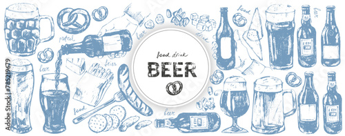 Vector beer illustration set. Beer bottles, glass, mug, snacks, hand holding beer bottle