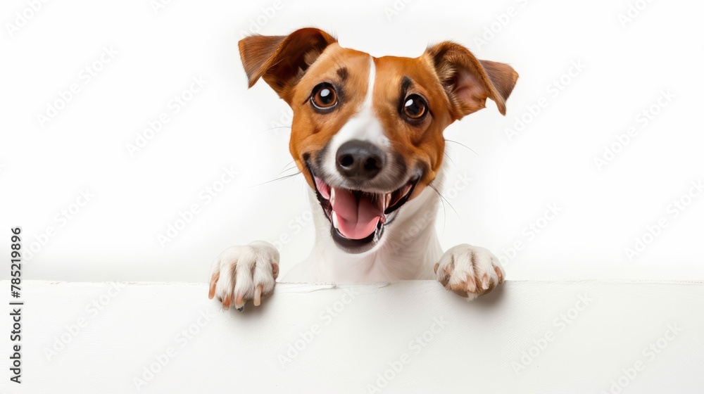Jack Russel Terrier Dog sitting happily and holding a big blank signboard, isolated white background - obrazy, fototapety, plakaty 