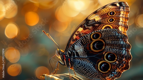 Vivid butterfly wings, abstract patterns, close-up, eye-level, forest bokeh background, golden hour 