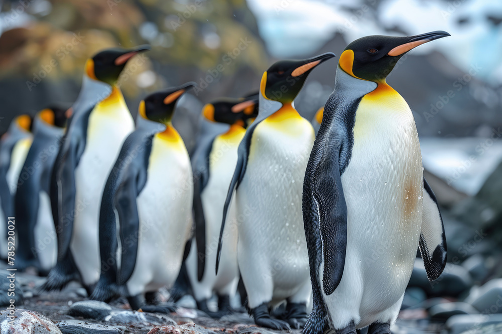 Fototapeta premium Penguins walk on the snow along the shore