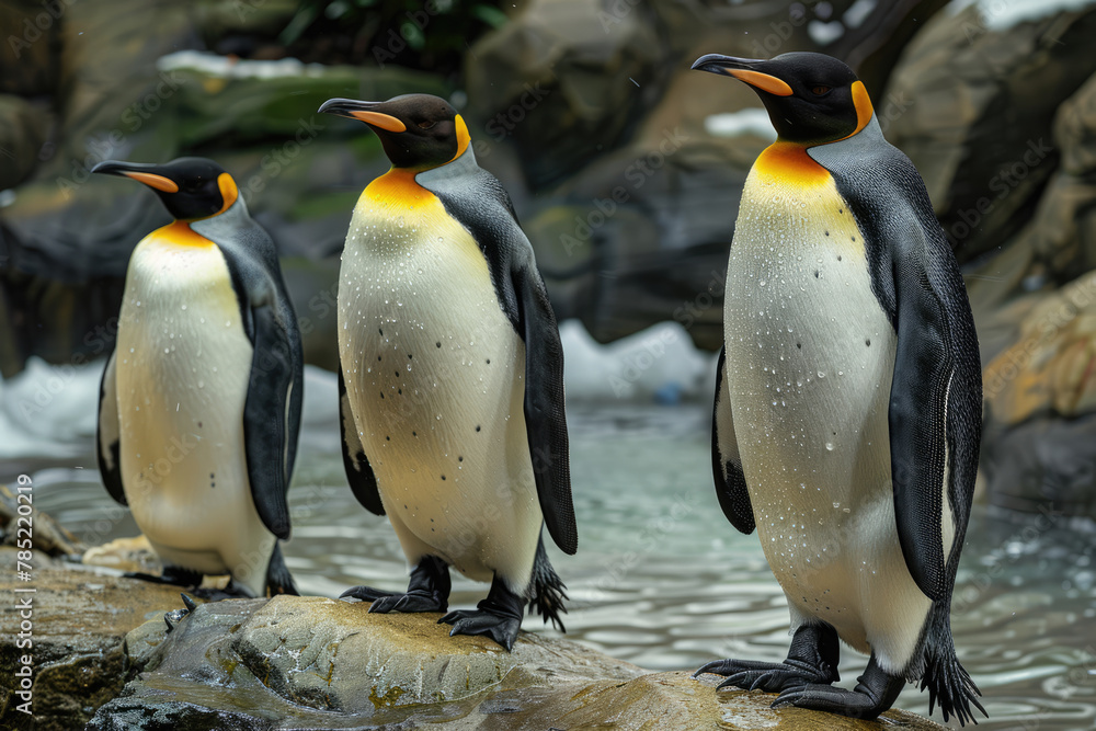 Fototapeta premium Funny penguins walk in the snow