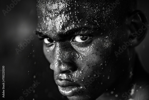 Determined, sweat-drenched Afro-American rookie boxer in the midst of an intense training session. The harsh contrast emphasizes the rugged determination in the rookie's eyes.