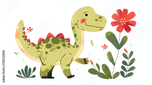 A cute dinosaur holds a scarlet flower in his paw.