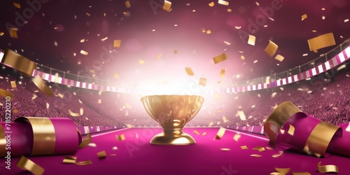 Magenta background, lights and golden confetti on the magenta background, football stadium with spotlights, banner for sports events