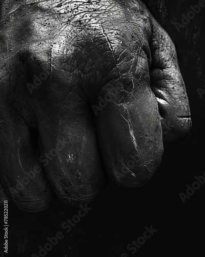 A gritty black-and-white close-up capturing the texture and details of a well-worn knuckle duster, emphasizing the scars and scratches from its history. photo