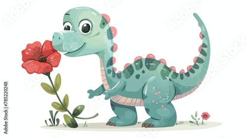 A cute dinosaur holds a scarlet flower in his paw.