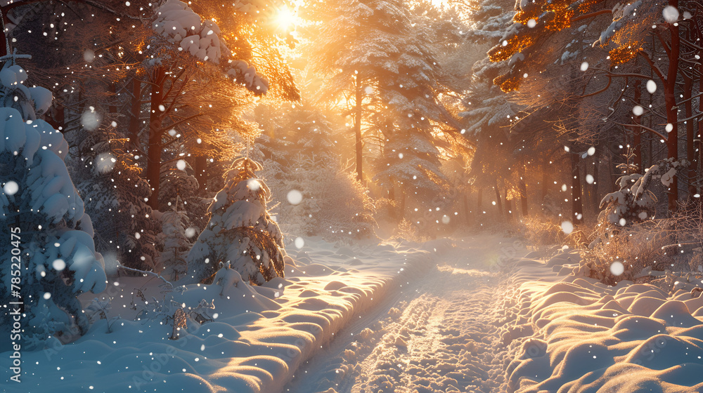 Enchanting Winter Forest Scene with Beautiful Snow ,
Nature weather frozen sun sunrise

