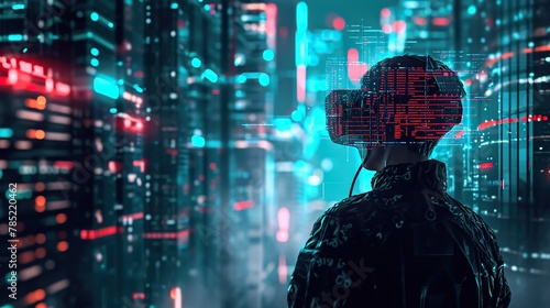A hacker's perspective, depicted through a VR headset with lines of code and digital interfaces blending into the real world. The augmented reality scene captures the tension of a high-stakes hack