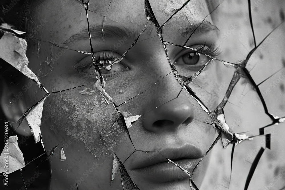 A haunting self-portrait of beautiful woman divided into shattered pieces, representing the fragmented identity of a psychotic experience. The grayscale image, depression