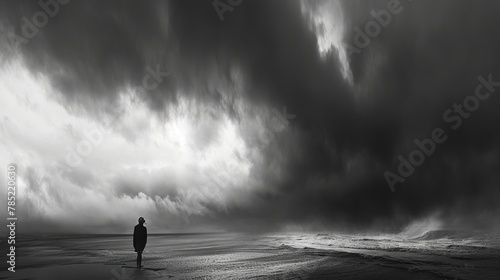 Lone figure standing on a desolate beach, their silhouette against a stormy sky, emitting a silent wail. Moody, monochromatic tones reminiscent of the emotional landscapes photo
