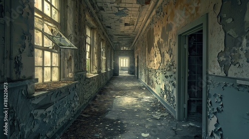 Abandoned asylum hallway with peeling wallpaper and broken windows. The desolate atmosphere and harsh lighting create a chilling ambiance, emphasizing the abhorrent history of the space. photo