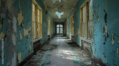 Abandoned asylum hallway with peeling wallpaper and broken windows. The desolate atmosphere and harsh lighting create a chilling ambiance, emphasizing the abhorrent history of the space.