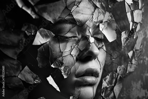 A haunting self-portrait of beautiful woman divided into shattered pieces, representing the fragmented identity of a psychotic experience. The grayscale image, depression