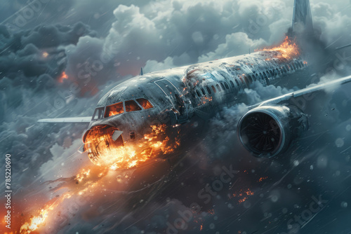 Exploded burning flying passenger plane