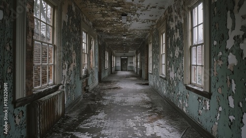 Abandoned asylum hallway with peeling wallpaper and broken windows. The desolate atmosphere and harsh lighting create a chilling ambiance, emphasizing the abhorrent history of the space. photo