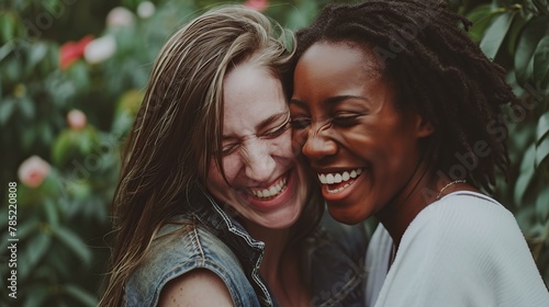 Genuine moment of connection between two diversed individuals, sharing smiles and laughter. The composition emphasizes the positive energy and warmth of the newfound friendship.  photo