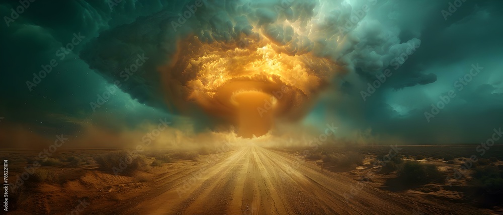 Tornado Fury on Desert Road - Nature's Wrath Unleashed. Concept Extreme Weather, Tornado Chasing, Natural Disasters, Desert Landscapes, Danger and Destruction