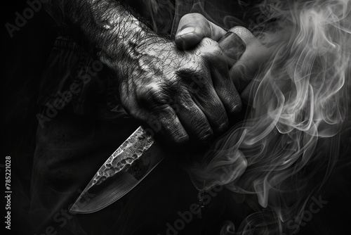 Hand gripping a combat knife, the veins and muscles accentuated. The background consists of swirling smoke and dramatic shadows, channeling film noir aesthetics. © Oskar Reschke