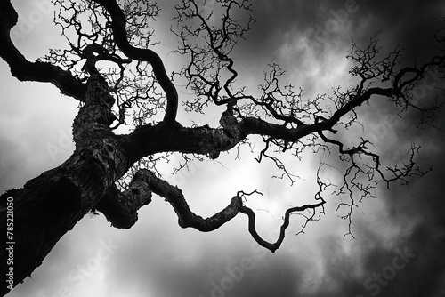 Capturing the twisted branches of a gnarled tree against a stormy sky. The ominous atmosphere conveys a sense of abhorrence, with the stark lighting emphasizing the tree's contorted form.