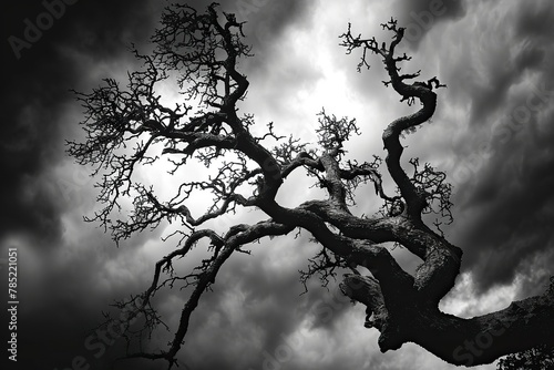 Capturing the twisted branches of a gnarled tree against a stormy sky. The ominous atmosphere conveys a sense of abhorrence, with the stark lighting emphasizing the tree's contorted form. photo
